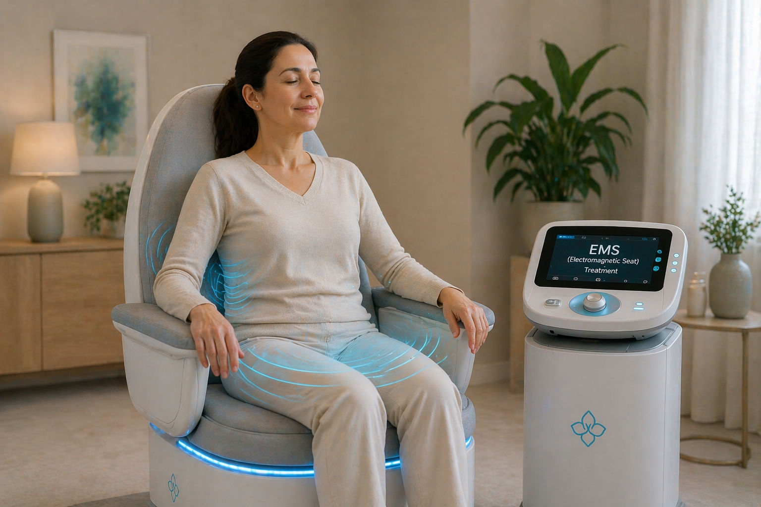 Illustration of a person sitting on a chair with abstract waves representing electromagnetic energy supporting the pelvic area