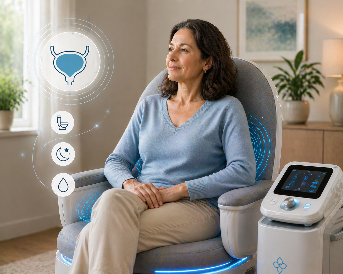 Illustration of a person sitting calmly with abstract shapes representing pressure, urgency and support surrounding them