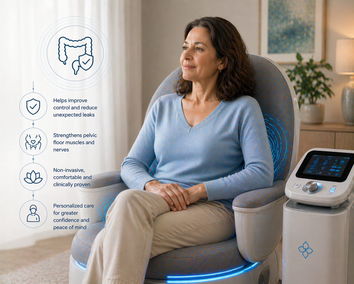Illustration of a person sitting calmly with abstract shapes representing privacy, support and understanding surrounding them