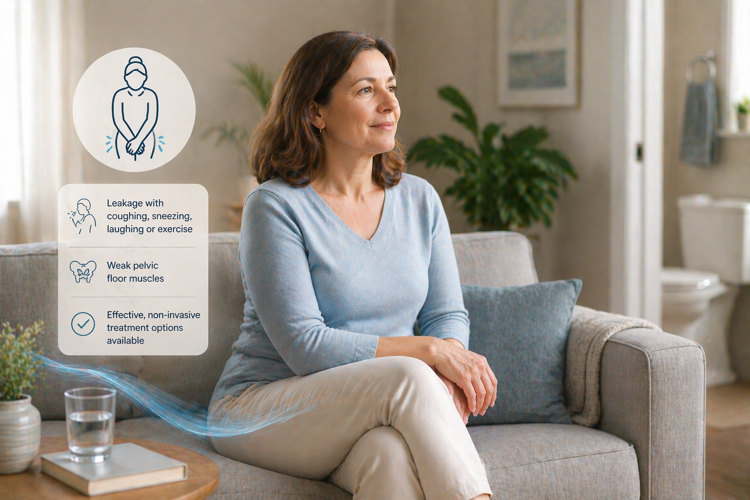 Illustration of a person sitting calmly with abstract shapes representing pressure, support and confidence surrounding them
